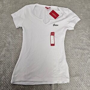 Guess Womens White Ribbed Notched V-Neck Short Sleeve Logo T-Shirt XS New